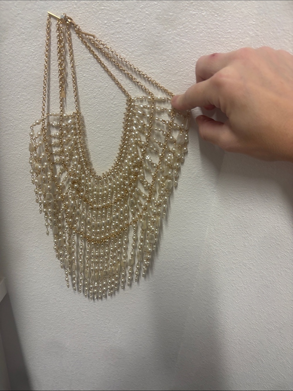 Anthropologie Oversized Pearl & Gold Statement Bib Necklace – Layered Fringe